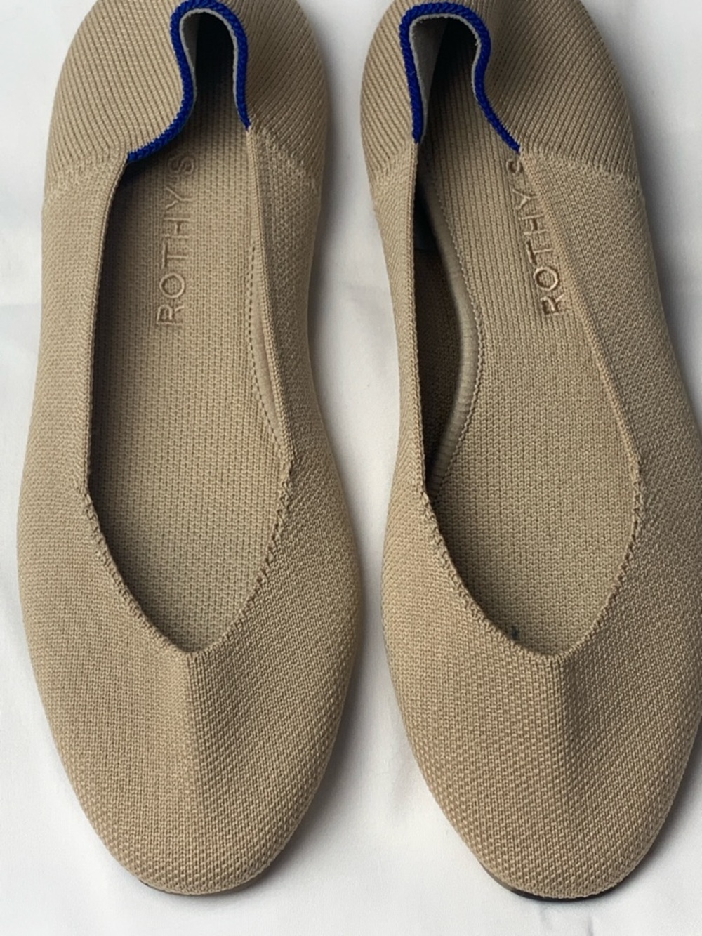 Rothy's Beige Knit Flats with Blue Trim